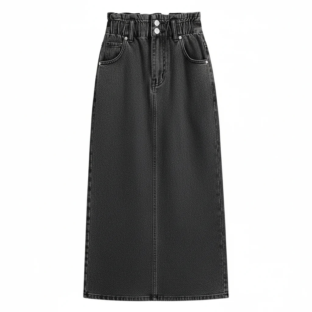 Mavyn | High-Waist Denim Midi Rok – Met Voornaad, Riemlussen en Knop-Rits