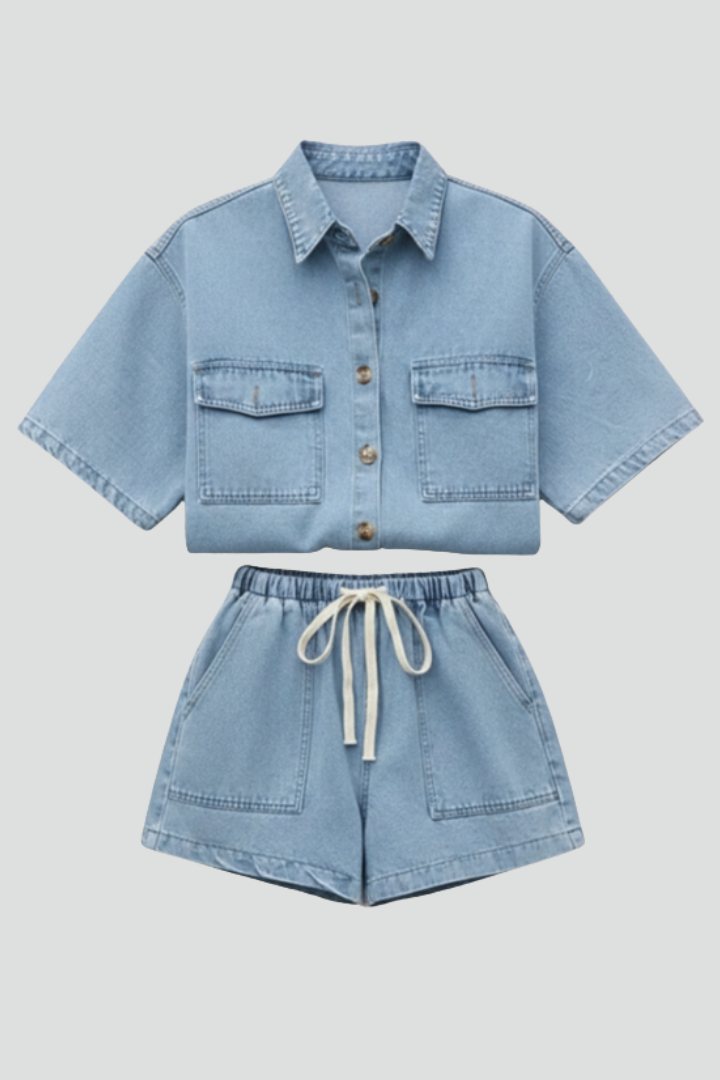 Sorelia | Tweedelige denimset voor dames – shirtjasje met korte mouwen en short met hoge taille