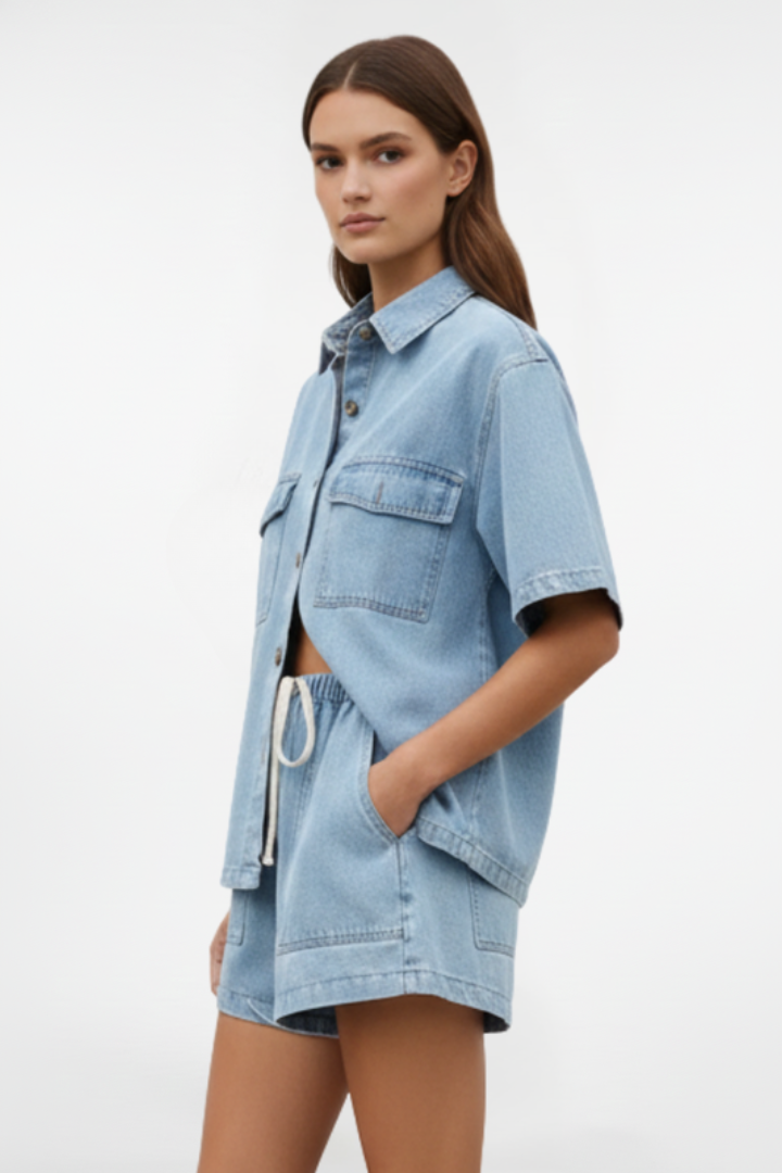 Sorelia | Tweedelige denimset voor dames – shirtjasje met korte mouwen en short met hoge taille