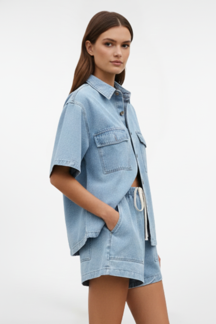 Sorelia | Tweedelige denimset voor dames – shirtjasje met korte mouwen en short met hoge taille