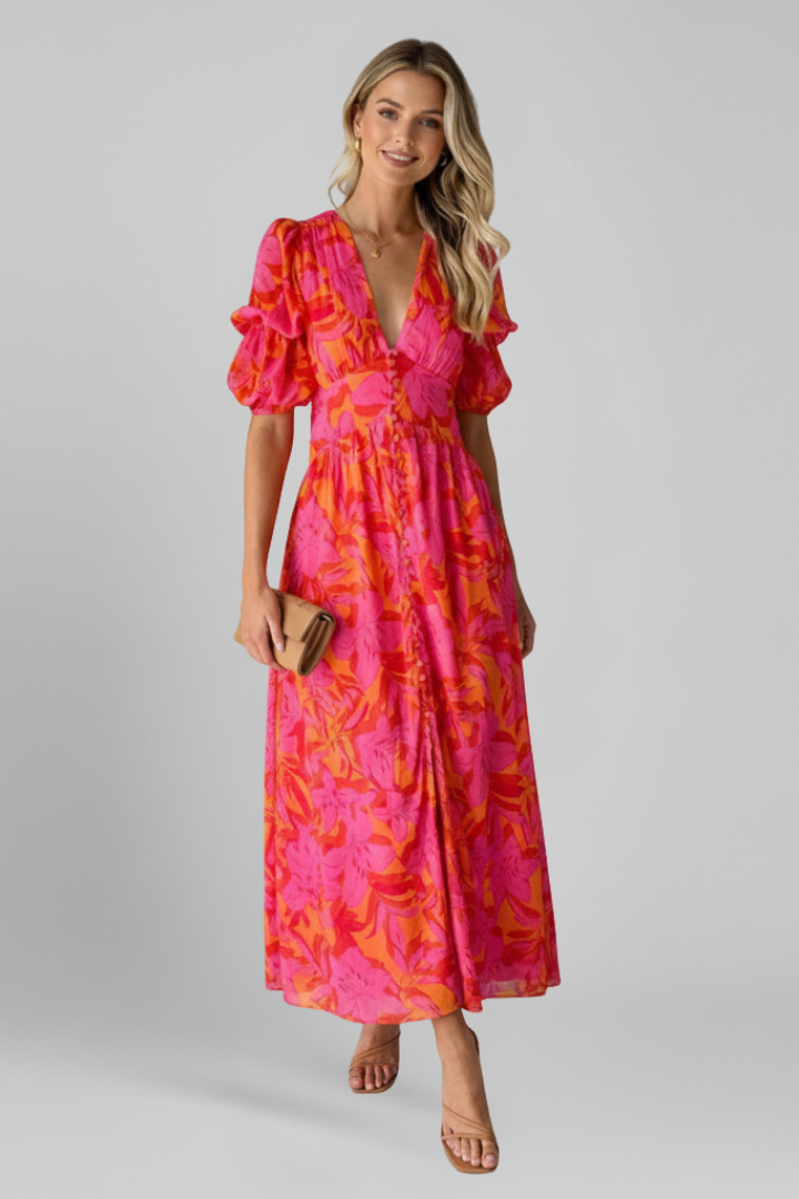 Rosamund | Bloemen maxi-jurk voor dames – V-hals, pofmouwen, vloerlange zomerse jurk