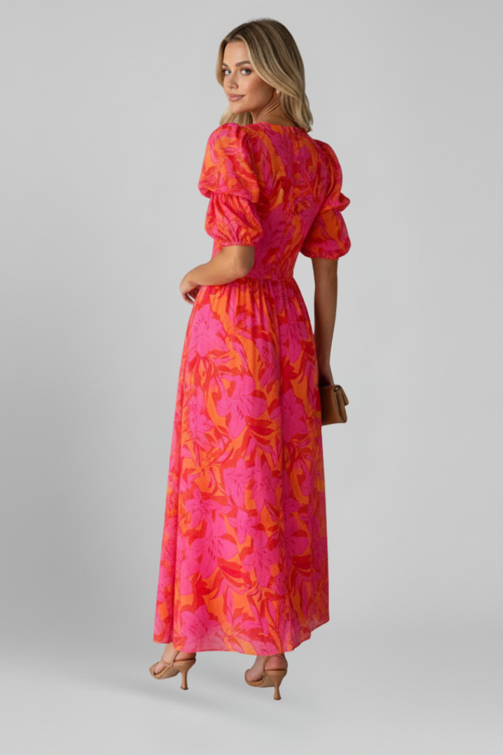Rosamund | Bloemen maxi-jurk voor dames – V-hals, pofmouwen, vloerlange zomerse jurk