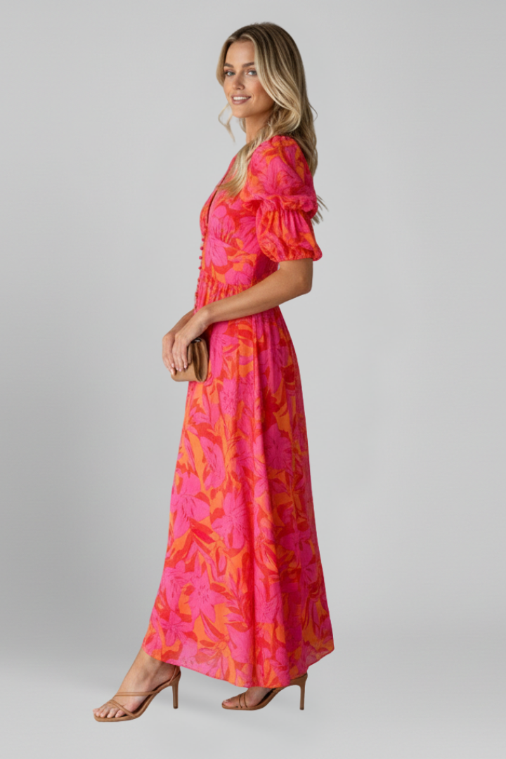 Rosamund | Bloemen maxi-jurk voor dames – V-hals, pofmouwen, vloerlange zomerse jurk