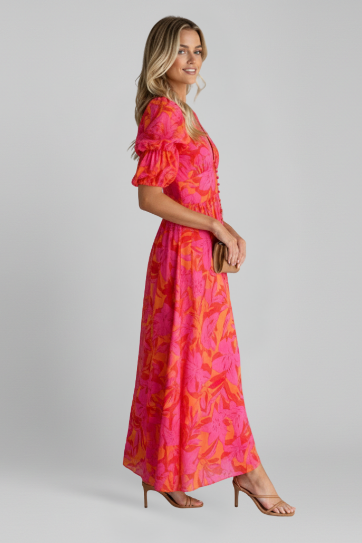 Rosamund | Bloemen maxi-jurk voor dames – V-hals, pofmouwen, vloerlange zomerse jurk