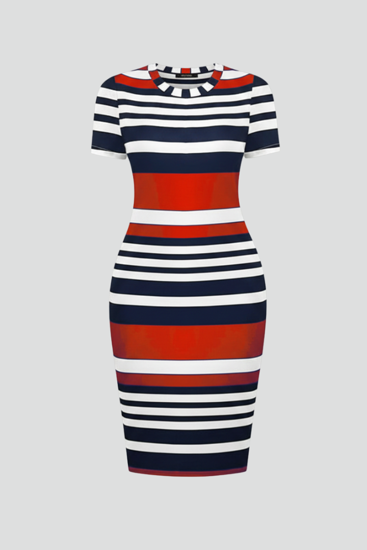 Aeryssa | Gestreepte knielange jurk voor dames – Casual zomerse midi-jurk met korte mouwen