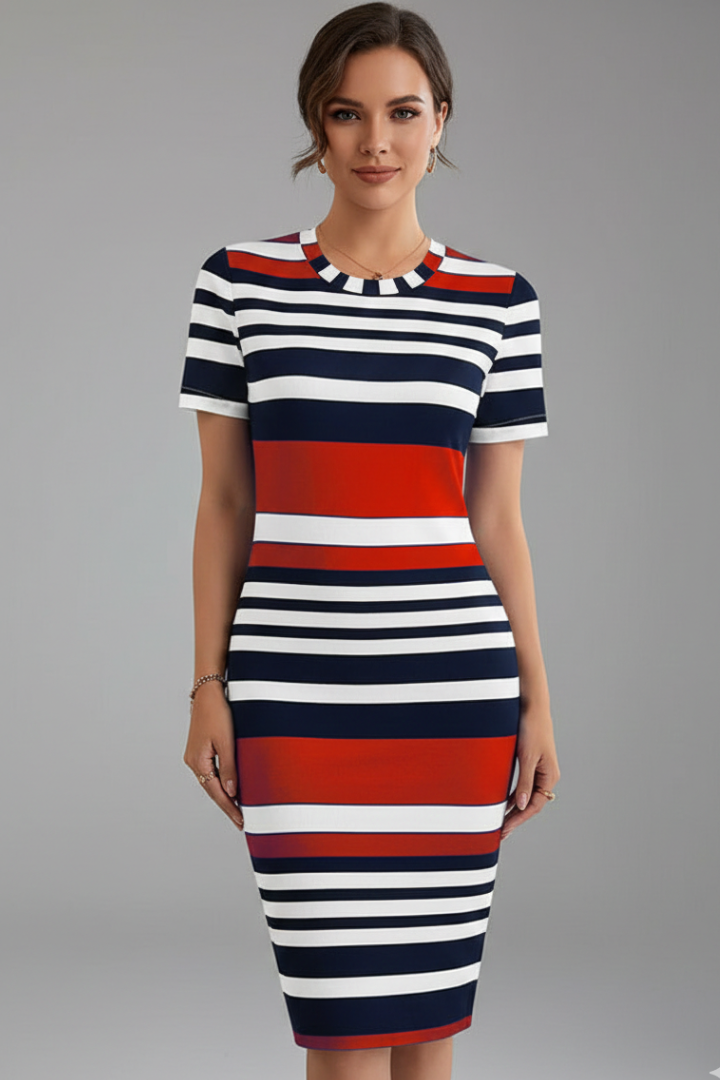Aeryssa | Gestreepte knielange jurk voor dames – Casual zomerse midi-jurk met korte mouwen
