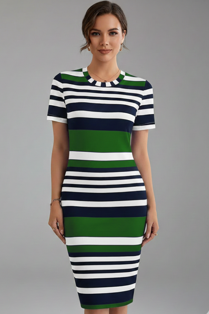 Aeryssa | Gestreepte knielange jurk voor dames – Casual zomerse midi-jurk met korte mouwen