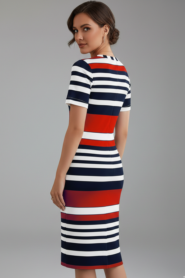 Aeryssa | Gestreepte knielange jurk voor dames – Casual zomerse midi-jurk met korte mouwen