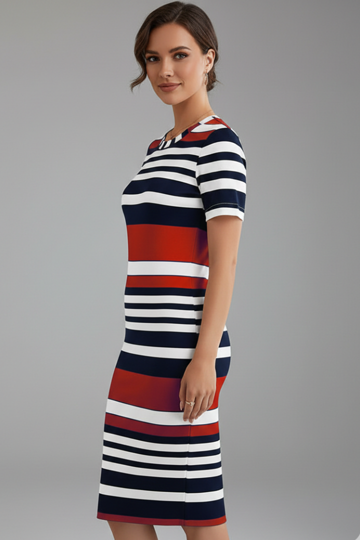 Aeryssa | Gestreepte knielange jurk voor dames – Casual zomerse midi-jurk met korte mouwen