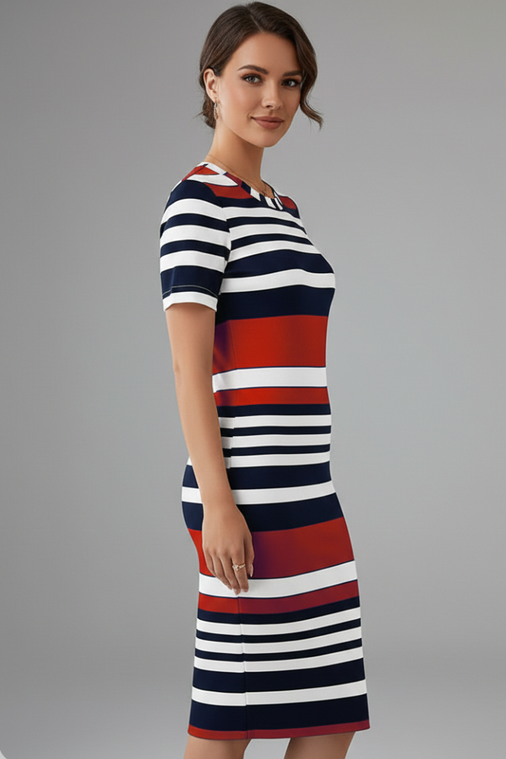 Aeryssa | Gestreepte knielange jurk voor dames – Casual zomerse midi-jurk met korte mouwen