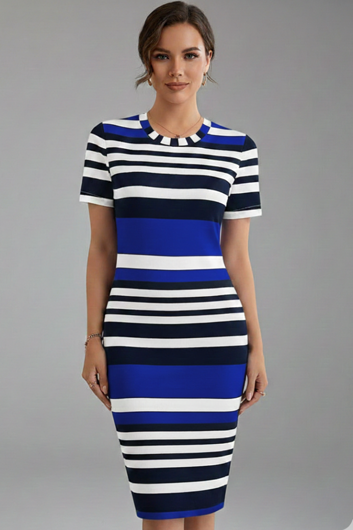 Aeryssa | Gestreepte knielange jurk voor dames – Casual zomerse midi-jurk met korte mouwen