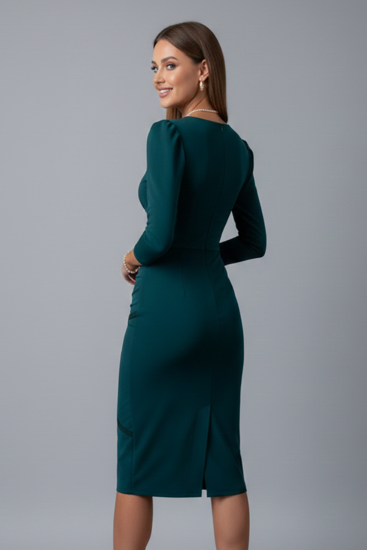 Valesse | Midi-jurk met V-hals voor dames – Soepelvallende jurk met lange mouwen tot op de knie