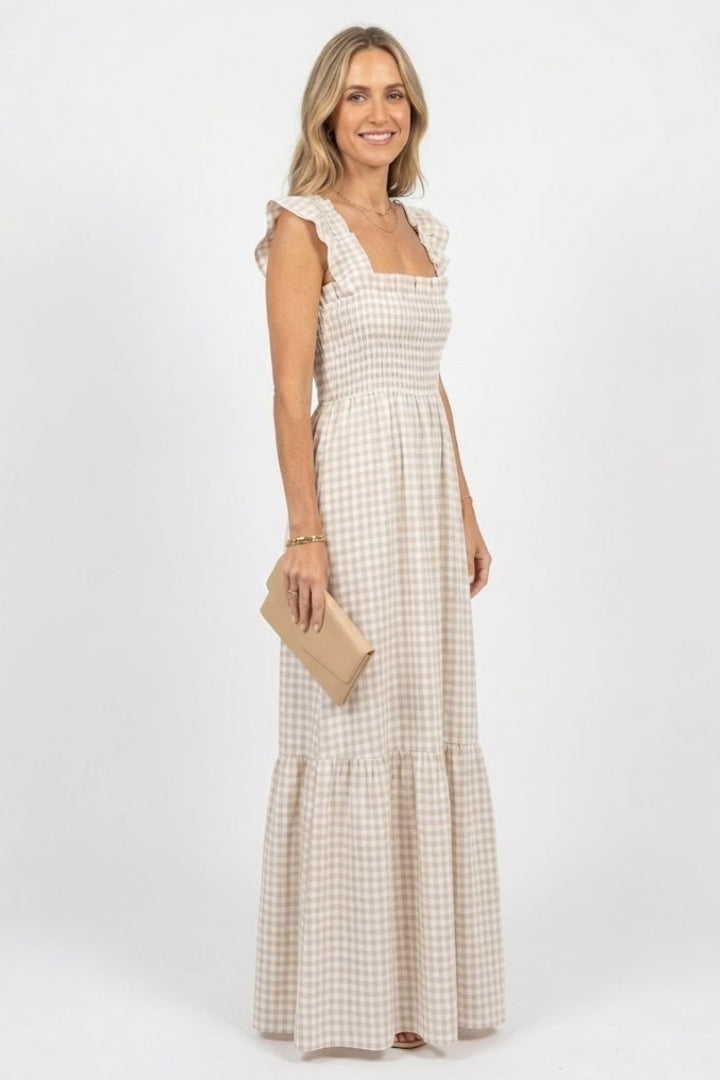Eula | Geruite maxi-jurk voor dames – gesmokt tailleband, ruches mouwen, zomerse boho-jurk