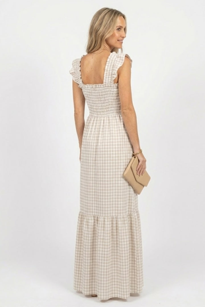 Eula | Geruite maxi-jurk voor dames – gesmokt tailleband, ruches mouwen, zomerse boho-jurk