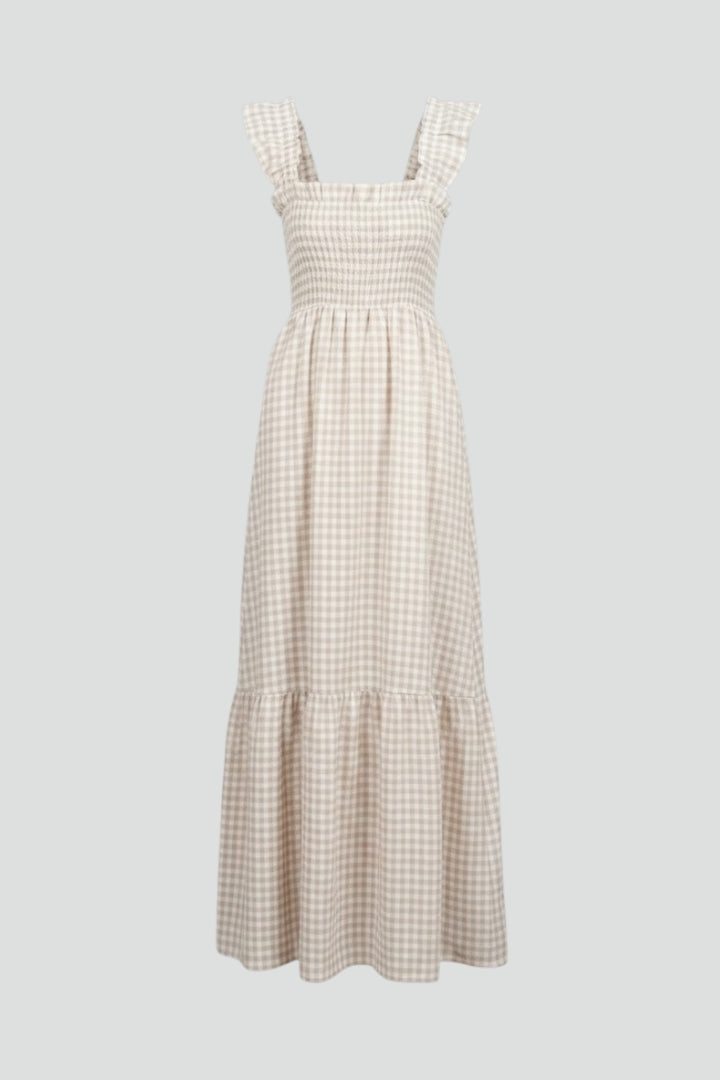 Eula | Geruite maxi-jurk voor dames – gesmokt tailleband, ruches mouwen, zomerse boho-jurk