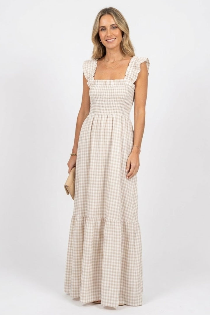 Eula | Geruite maxi-jurk voor dames – gesmokt tailleband, ruches mouwen, zomerse boho-jurk