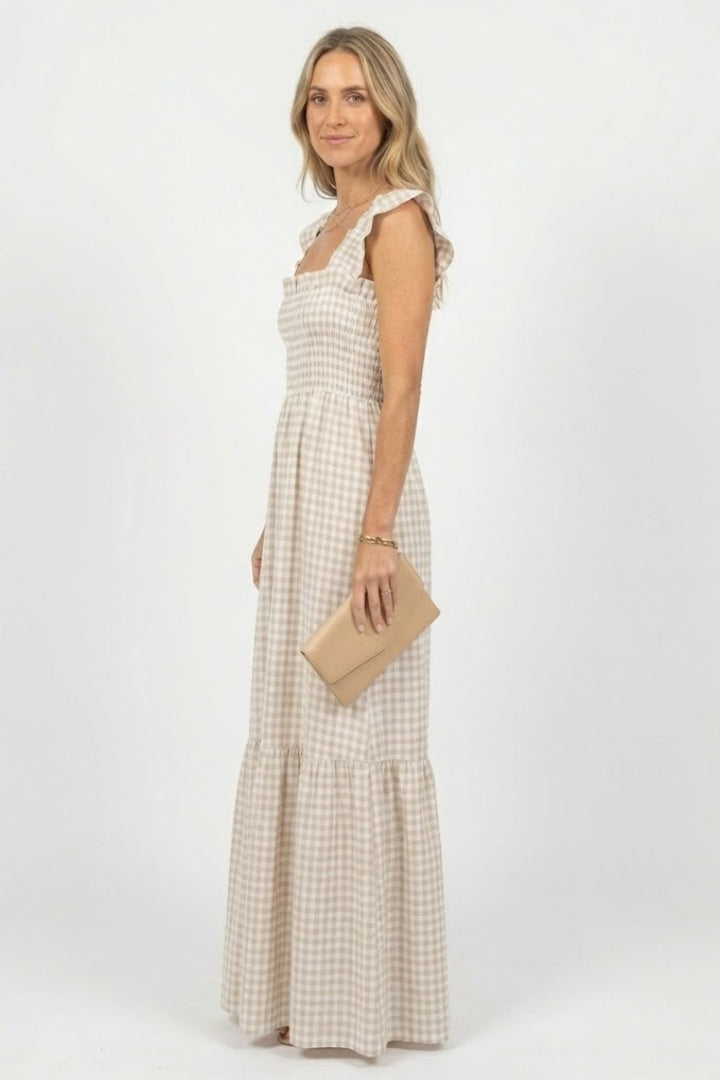 Eula | Geruite maxi-jurk voor dames – gesmokt tailleband, ruches mouwen, zomerse boho-jurk