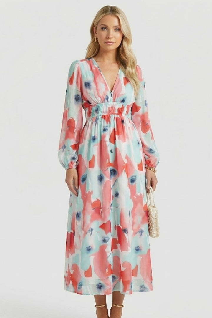 Aeryla | Maxijurk met bloemenprint voor dames – Lange zomerjurk met V-hals