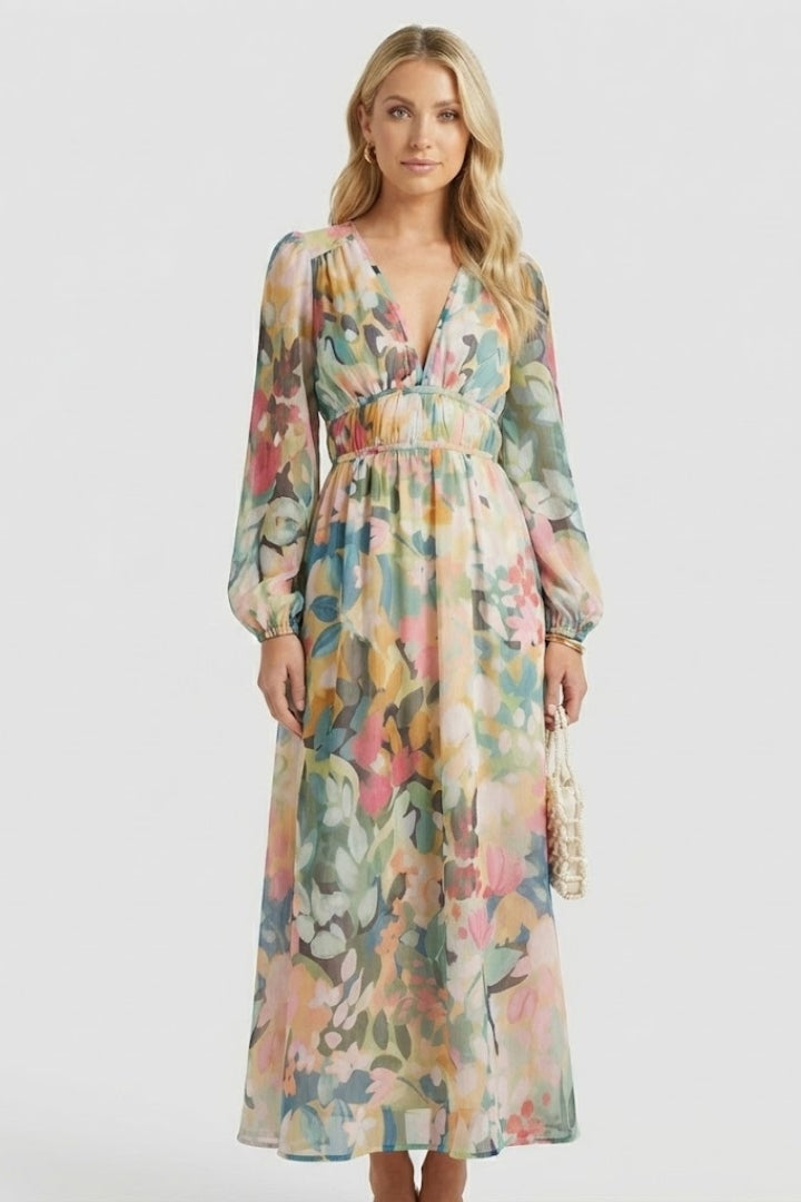 Aeryla | Maxijurk met bloemenprint voor dames – Lange zomerjurk met V-hals