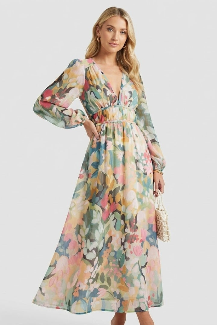 Aeryla | Maxijurk met bloemenprint voor dames – Lange zomerjurk met V-hals