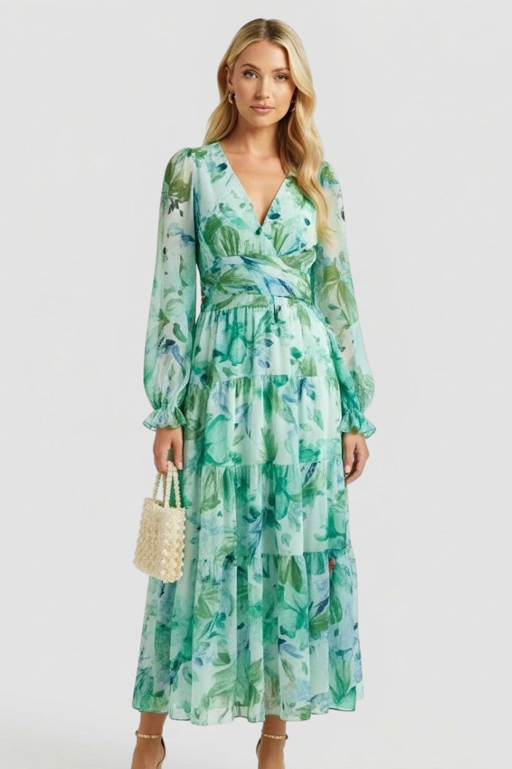 Aeryla | Maxijurk met bloemenprint voor dames – Lange zomerjurk met V-hals