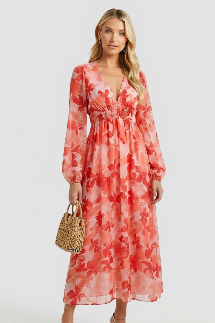 Aeryla | Maxijurk met bloemenprint voor dames – Lange zomerjurk met V-hals