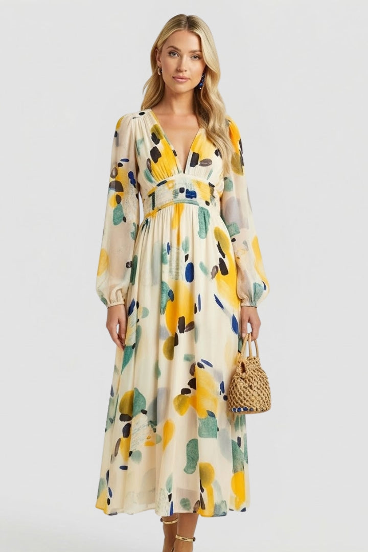 Aeryla | Maxijurk met bloemenprint voor dames – Lange zomerjurk met V-hals