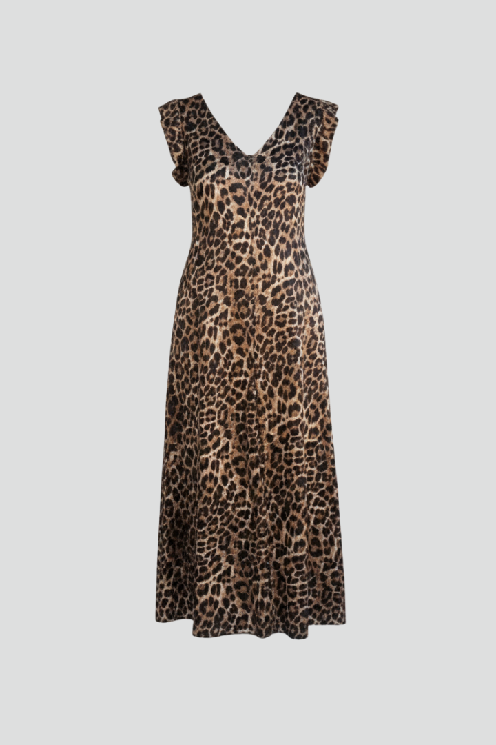 Ryna | Dames V-hals maxi jurk – losse pasvorm enkellange jurk met all-over print