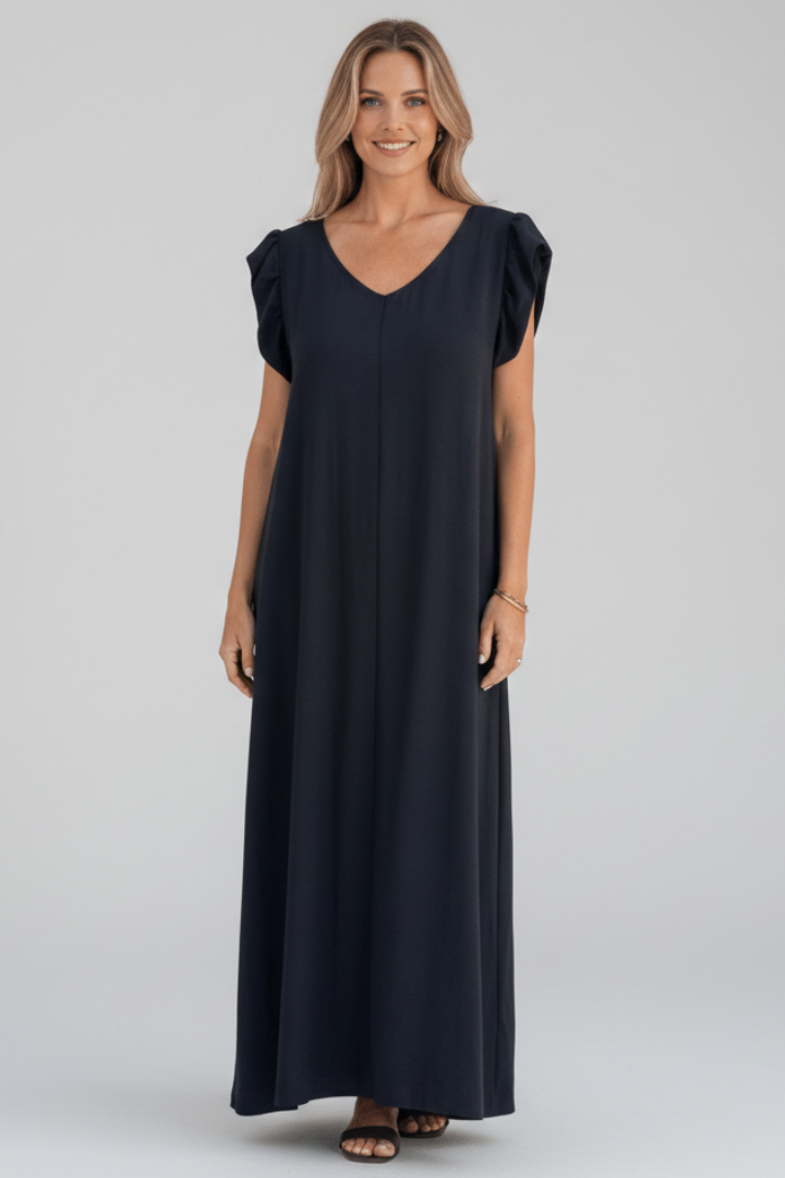 Ryna | Dames V-hals maxi jurk – losse pasvorm enkellange jurk met all-over print
