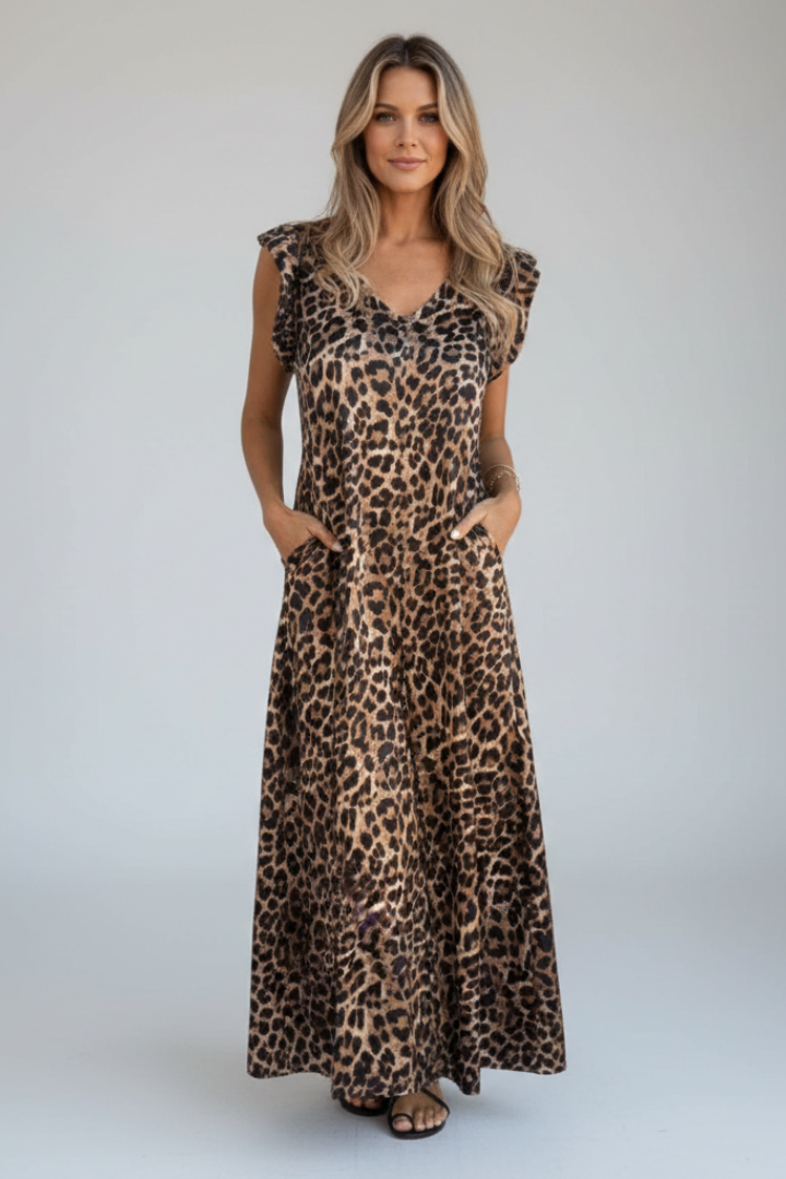 Ryna | Dames V-hals maxi jurk – losse pasvorm enkellange jurk met all-over print