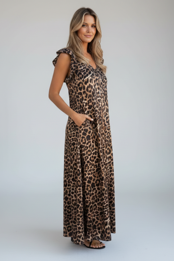 Ryna | Dames V-hals maxi jurk – losse pasvorm enkellange jurk met all-over print