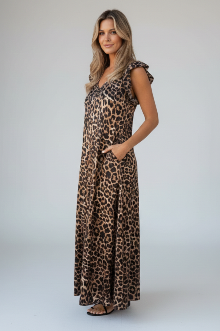 Ryna | Dames V-hals maxi jurk – losse pasvorm enkellange jurk met all-over print