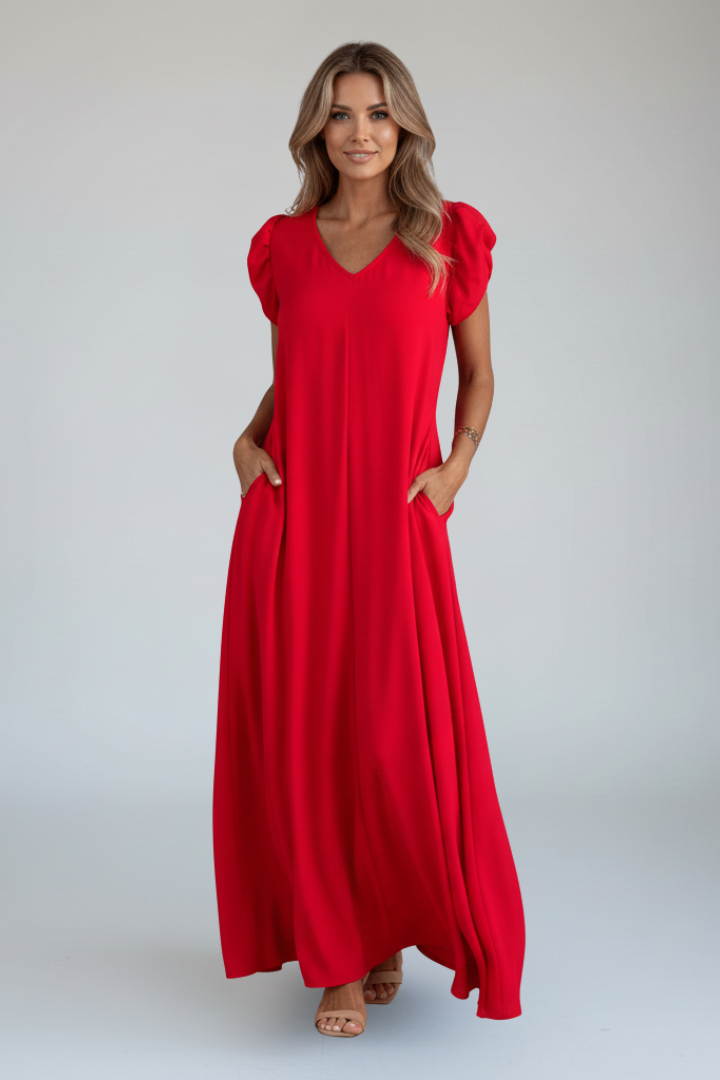 Ryna | Dames V-hals maxi jurk – losse pasvorm enkellange jurk met all-over print