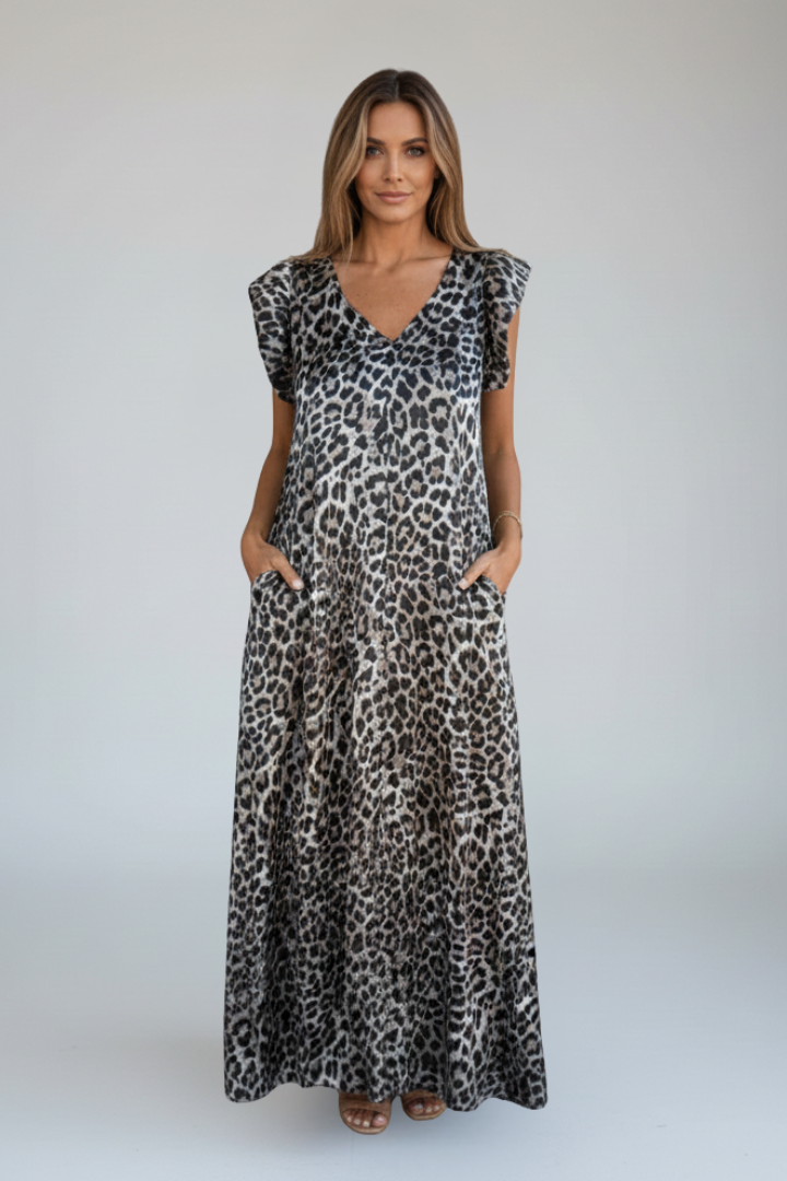 Ryna | Dames V-hals maxi jurk – losse pasvorm enkellange jurk met all-over print