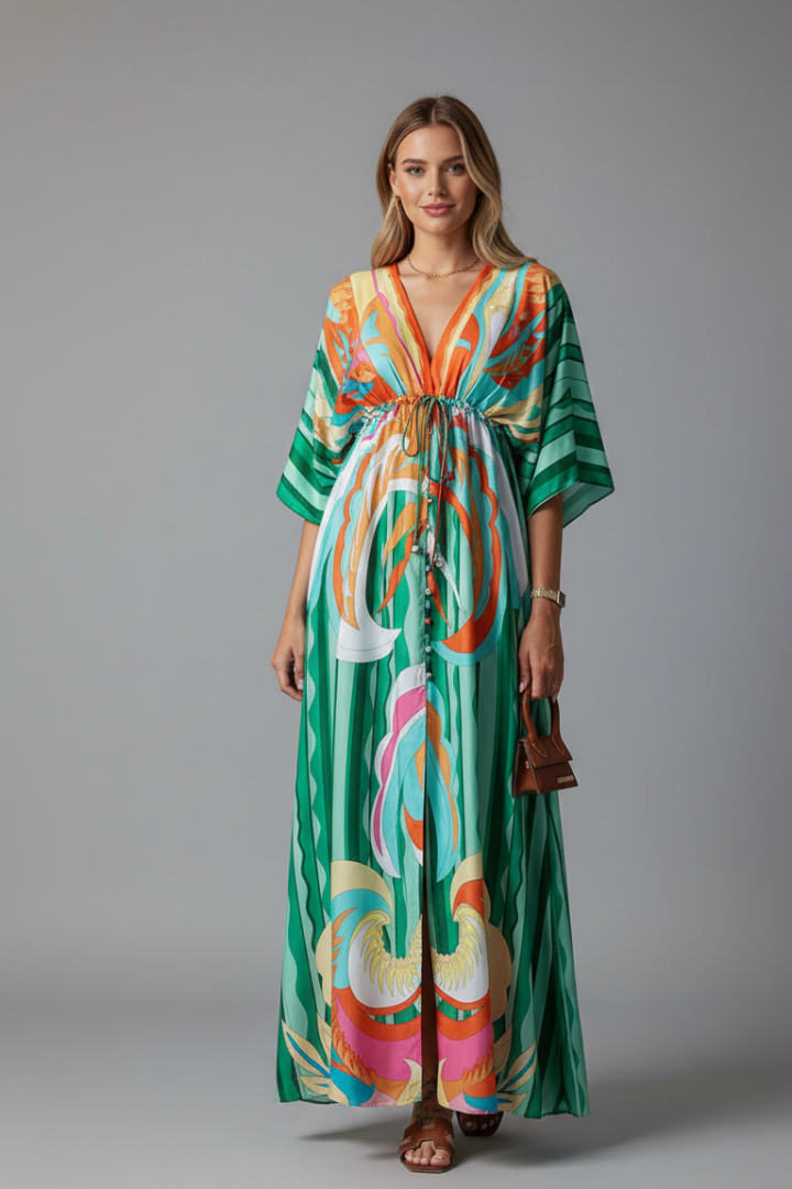 Elmyra | Geprinte maxi-jurk voor dames – V-hals, strikceintuur, vleermuismouwen, lange zwierige jurk