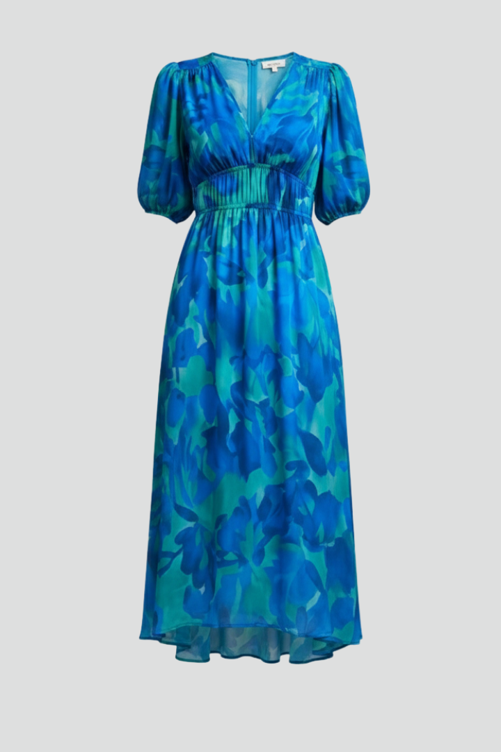 Mirethia | Midi-jurk met pofmouwen en bloemenprint voor dames – soepel vallende A-lijn jurk