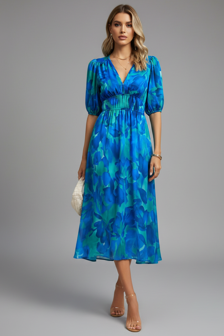 Mirethia | Midi-jurk met pofmouwen en bloemenprint voor dames – soepel vallende A-lijn jurk