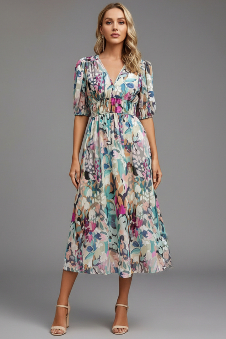 Mirethia | Midi-jurk met pofmouwen en bloemenprint voor dames – soepel vallende A-lijn jurk