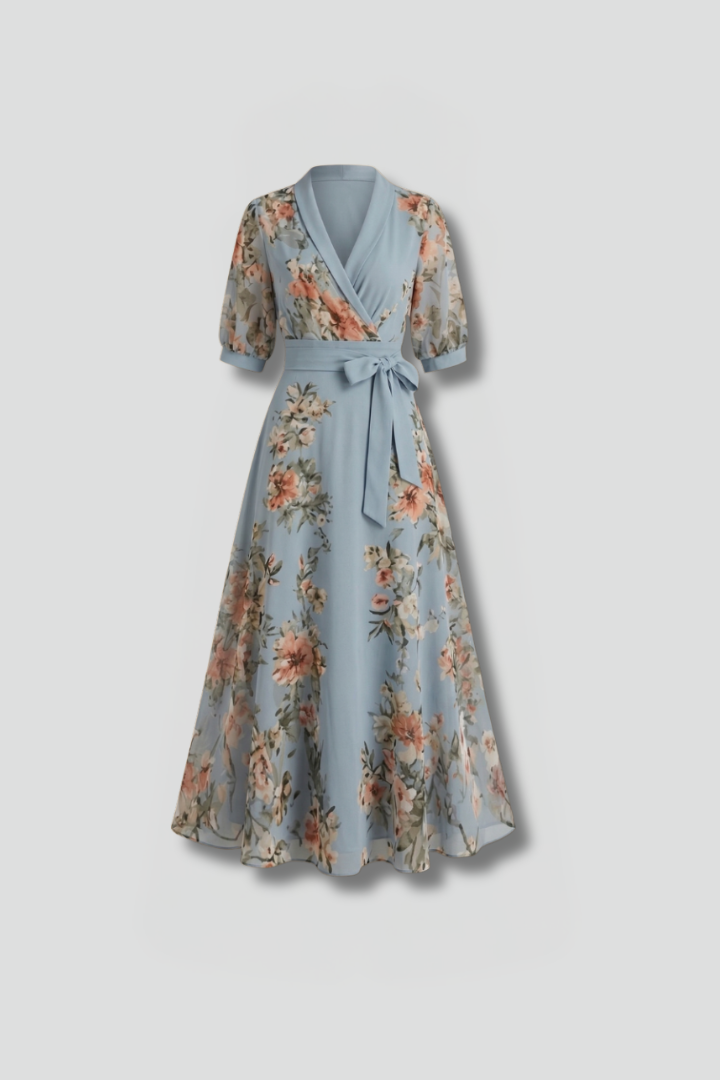 Nyveraen | Women’s V-Neck Floral Midi Dress – Lightweight Short Sleeve A-Line Dress, Flowing Summer Casual Elegant Outfit, Waist Defined Fit
