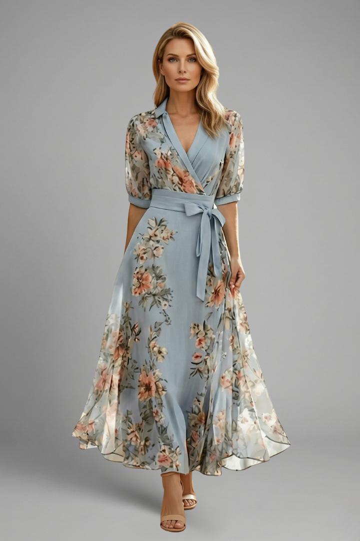 Nyveraen | Women’s V-Neck Floral Midi Dress – Lightweight Short Sleeve A-Line Dress, Flowing Summer Casual Elegant Outfit, Waist Defined Fit