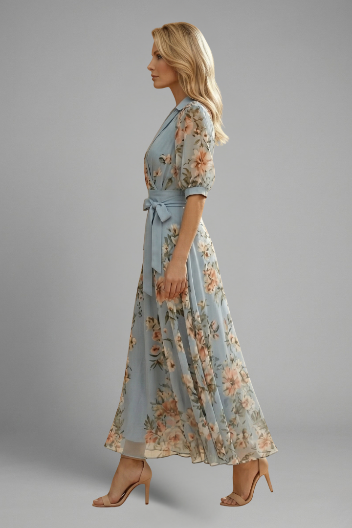Nyveraen | Women’s V-Neck Floral Midi Dress – Lightweight Short Sleeve A-Line Dress, Flowing Summer Casual Elegant Outfit, Waist Defined Fit