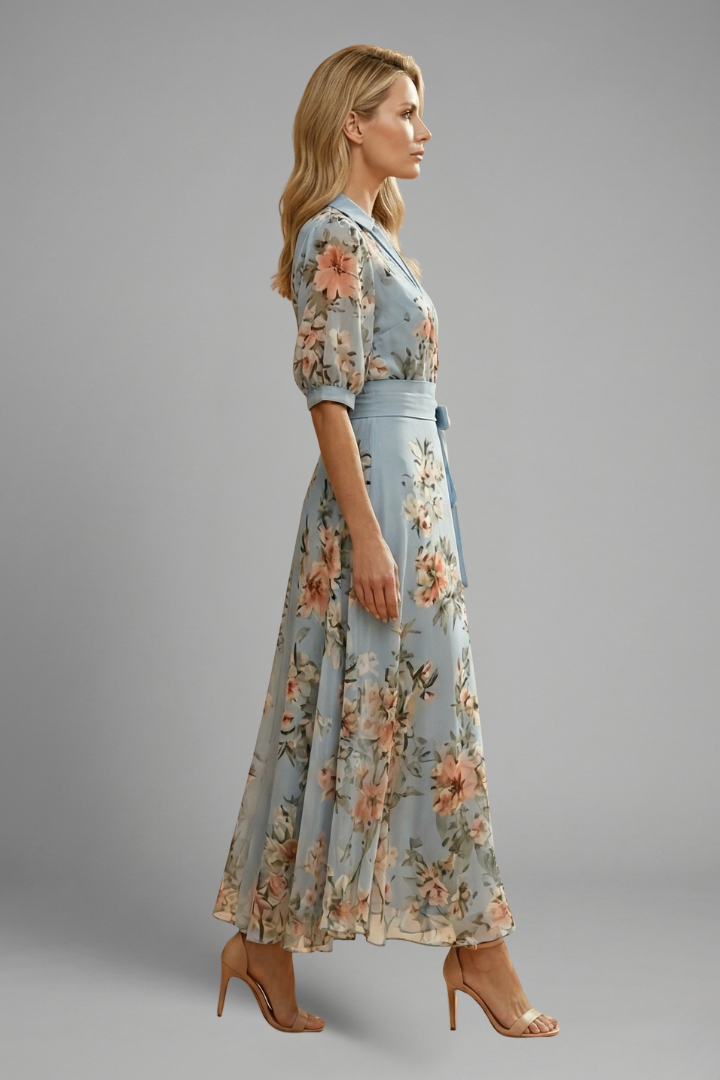 Nyveraen | Women’s V-Neck Floral Midi Dress – Lightweight Short Sleeve A-Line Dress, Flowing Summer Casual Elegant Outfit, Waist Defined Fit