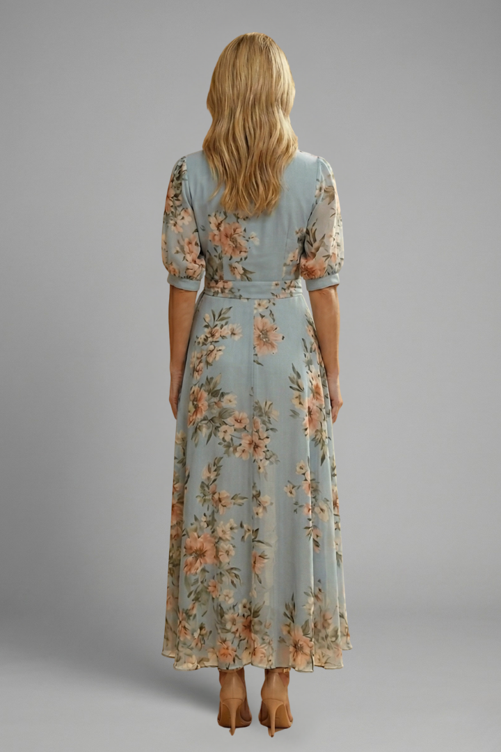 Nyveraen | Women’s V-Neck Floral Midi Dress – Lightweight Short Sleeve A-Line Dress, Flowing Summer Casual Elegant Outfit, Waist Defined Fit