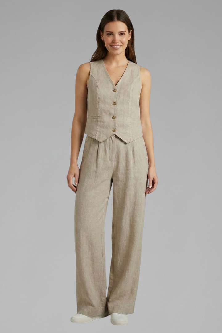 Selmira | Tweedelige damesoutfit – Top met V-hals en soepelvallende broek met wijde pijpen