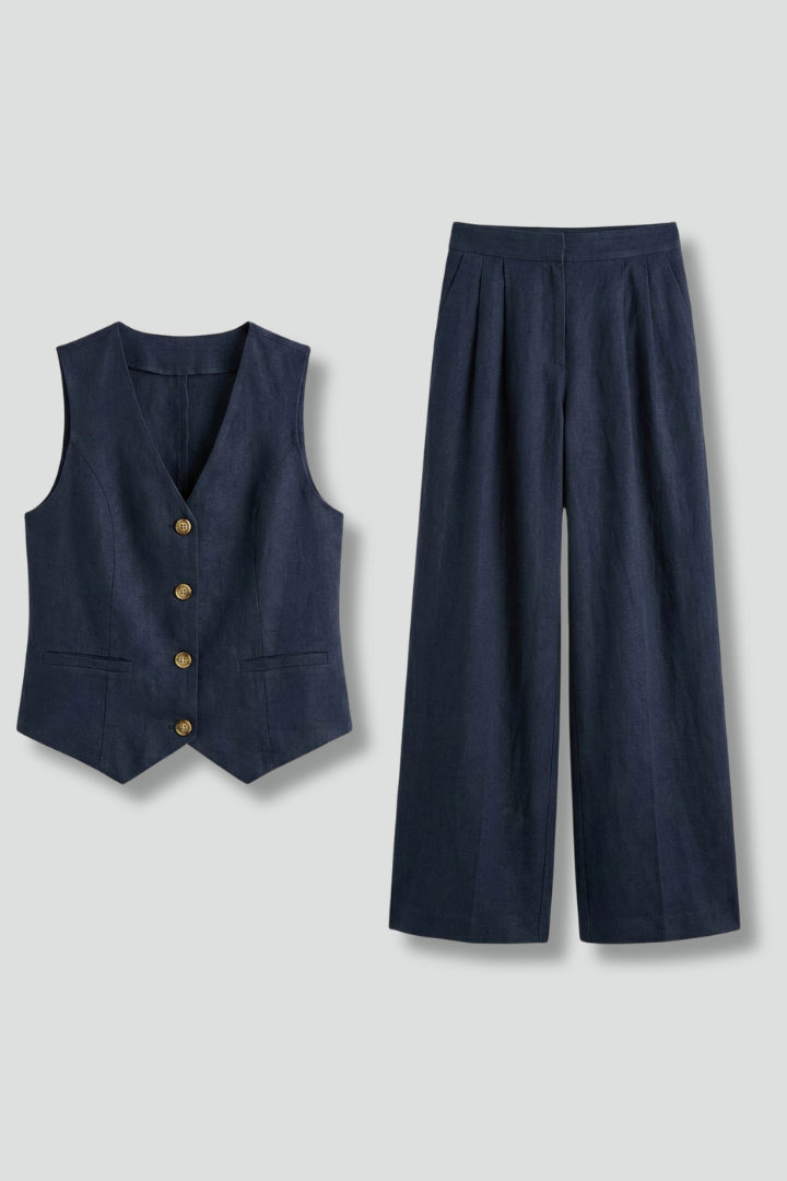 Selmira | Tweedelige damesoutfit – Top met V-hals en soepelvallende broek met wijde pijpen