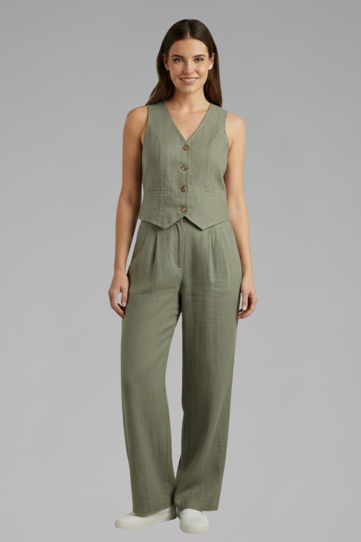 Selmira | Tweedelige damesoutfit – Top met V-hals en soepelvallende broek met wijde pijpen