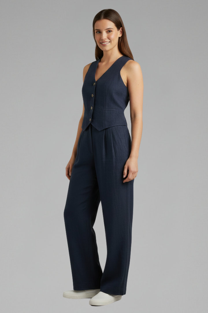 Selmira | Tweedelige damesoutfit – Top met V-hals en soepelvallende broek met wijde pijpen