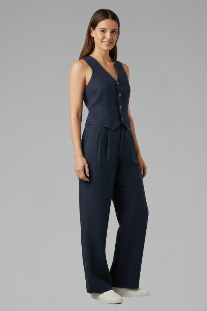 Selmira | Tweedelige damesoutfit – Top met V-hals en soepelvallende broek met wijde pijpen
