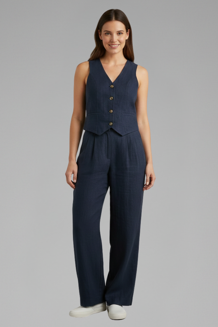 Selmira | Tweedelige damesoutfit – Top met V-hals en soepelvallende broek met wijde pijpen