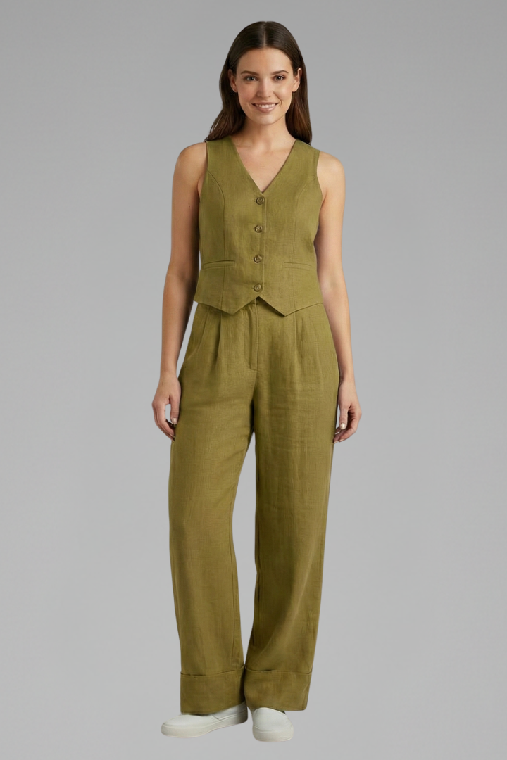 Selmira | Tweedelige damesoutfit – Top met V-hals en soepelvallende broek met wijde pijpen